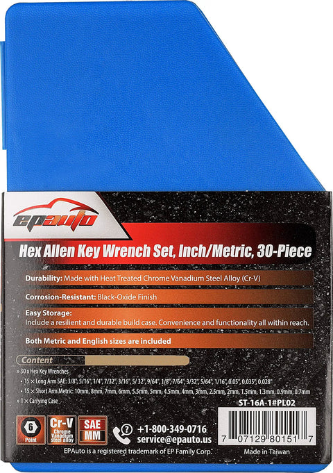 30-Piece Hex Key Set With Long Arm SAE And Short Arm Metric Allen Wrenches, Durable Storage Case packaging details.