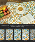 Top Tier Floral Block Print Cotton Tablecloth Yellow Rectangular Dining Cover Washable Farmhouse Kitchen Linen with fruits and tea