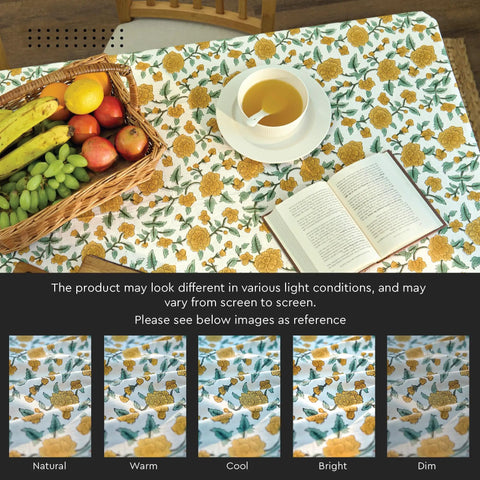 Top Tier Floral Block Print Cotton Tablecloth Yellow Rectangular Dining Cover Washable Farmhouse Kitchen Linen with fruits and tea