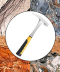 32oz Rock Pick Hammer With 12 Inch Carbon Steel Chipping Hammer Skid Handle Polished Tip on textured rock background