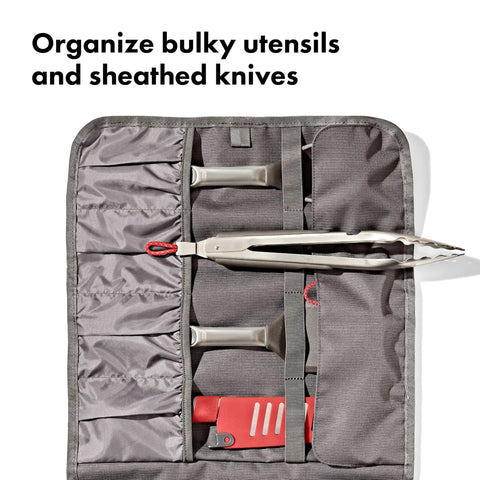 Outdoor Camp Kitchen Tool Roll Organizer For Travel And Camping with utensil pockets, durable ripstop storage bag open view showing knives.