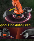 Cordless 2-In-1 String Trimmer And Edger With Wheel shown with auto-feed spool line mechanism, 20V battery powered.