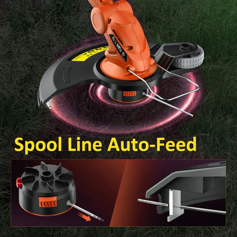 Cordless 2-In-1 String Trimmer And Edger With Wheel shown with auto-feed spool line mechanism, 20V battery powered.