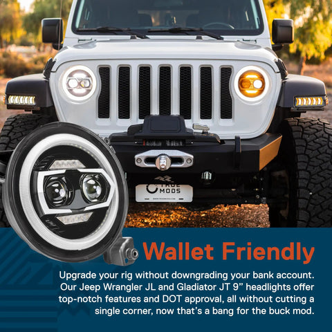 Front view of Jeep with 9 Inch Round LED Headlights Upgrade for Wrangler JL JLU Gladiator JT with Dual Halo DRL DOT Approved