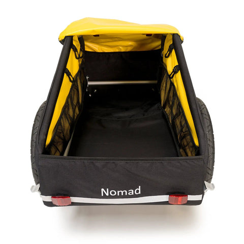 Rear view of Nomad Touring Cargo Bike Trailer with water resistant cover and large storage capacity, 100 lb load rating