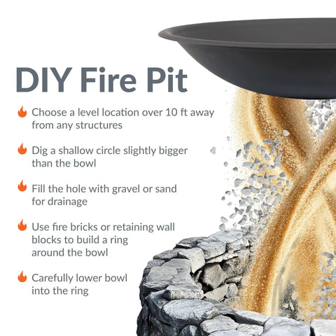 DIY fire pit instructions with Round 23 Inch Wood Burning Fire Pit Insert For Outdoor Use Replacement Bowl atop stone ring.