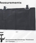 Black 30 Inch Clamp On Desk Skirt With Privacy Panel And Cable Management System, showing measurements and clamp compatibility.