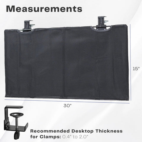 Black 30 Inch Clamp On Desk Skirt With Privacy Panel And Cable Management System, showing measurements and clamp compatibility.