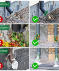 Seasonal comparison of downspout scenarios with a green 4 inch angled yard drainage grate emitter showing effective water drainage.