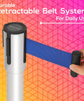 Heavy Duty Crowd Control Stanchions With 6.5 Foot Retractable Belts showing blue belt extending from silver post