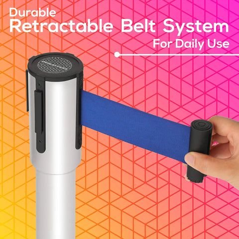 Heavy Duty Crowd Control Stanchions With 6.5 Foot Retractable Belts showing blue belt extending from silver post