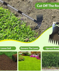 60 Inch Weed Puller With Long Handle in action, detailing 2 In 1 Weed Rake And Garden Hoe for easy uprooting, soil and lawn close up
