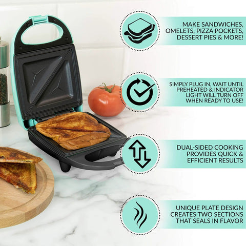 Chill Mint Green MyMini Personal Sandwich Maker Panini Press open with toasted sandwich inside, perfect for quick meals.