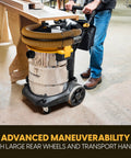 14 Gallon Wet And Dry Shop Vacuum With 65 Peak Horsepower Motor And Stainless Steel Tank Featuring Eighteen Accessories Plus Onboard Storage For Beast Mode Mess Clean Up Projects on wheels with transport handle.