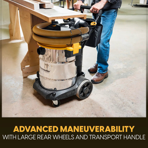 14 Gallon Wet And Dry Shop Vacuum With 65 Peak Horsepower Motor And Stainless Steel Tank Featuring Eighteen Accessories Plus Onboard Storage For Beast Mode Mess Clean Up Projects on wheels with transport handle.