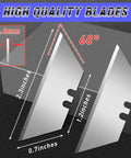 JetMore folding utility knife blades; two silver box cutter blades, 2.3 in long, 0.7 in wide, 0.6 mm thick with 60° bevel