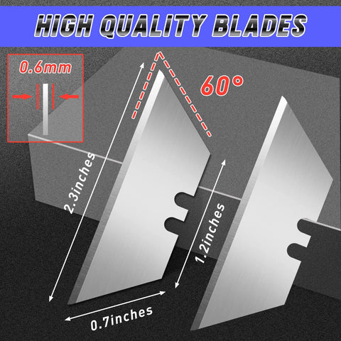 JetMore folding utility knife blades; two silver box cutter blades, 2.3 in long, 0.7 in wide, 0.6 mm thick with 60° bevel