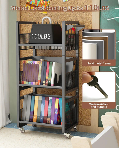 Super Sturdy Double Sided Rolling Book Cart With Triple Tier Open Shelving And Magnetic Book Supports Built Tough For Busy Libraries And Classrooms Across America