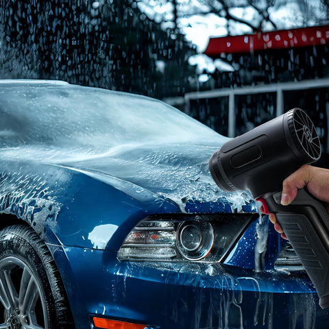 Cordless Car Dryer Air Blower 680 CFM Jet Turbo Fan used on blue car during wash, highlighting touchless drying