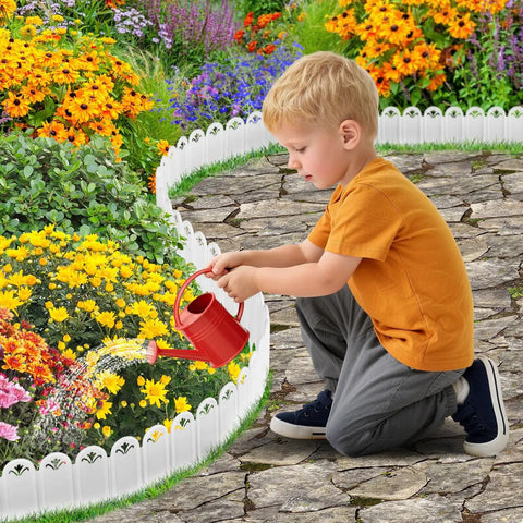 Child watering flowers beside Easy Install Garden Landscape Edging Kit Sets Up In Minutes 6.5 Ft Total Length No Digging Required