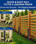 Before and after of Heavy Duty Fence Post Repair Kit Features Rock Solid 2 Mm Steel Stabilizers To Hold Leaners Tight.