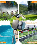 Collage of solar powered sprinkler timer in use with garden hose, lawn, pool, and vegetable garden.