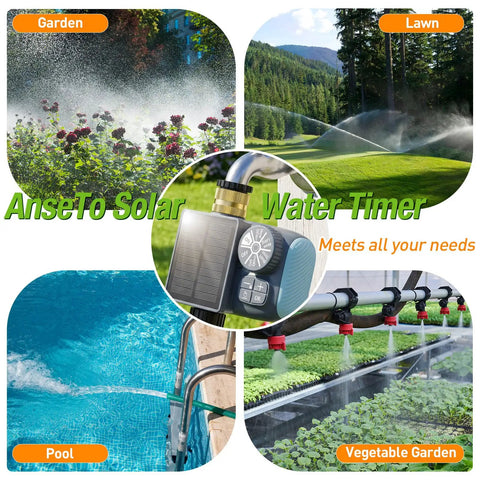 Collage of solar powered sprinkler timer in use with garden hose, lawn, pool, and vegetable garden.