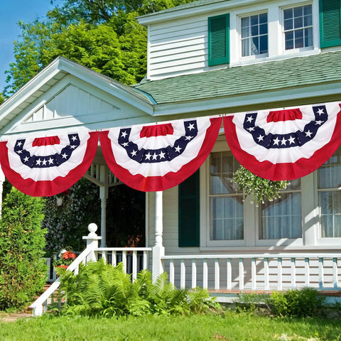 3 Pack 2.5 By 5 Ft Pleated Fan Flags Set For Outdoors And Indoors All American Red White Blue Half Fan Bunting on porch