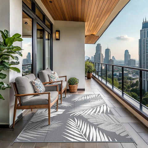 Waterproof Outdoor Rug 5x8 Feet Double-Sided Palm Leaf Pattern Grey And White Plastic Patio Mat For Deck Porch Balcony Garden