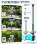 Pond Fountain Pump Kit With RGB Lights And Remote Control displaying three unique spray patterns and adjustable height in a garden setting.