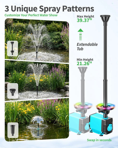 Pond Fountain Pump Kit With RGB Lights And Remote Control displaying three unique spray patterns and adjustable height in a garden setting.