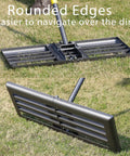 Heavy Duty Lawn Leveling Rake For Gardens And Yards, Level Dirt And Soil Like A Pro With A 65 Inch Steel Handle, 26 By 10 Ground Plate, Rust Resistant Stainless Steel Build For Easy, Even Ground Prep And Smoother Surfaces, shown with rounded edges on grass