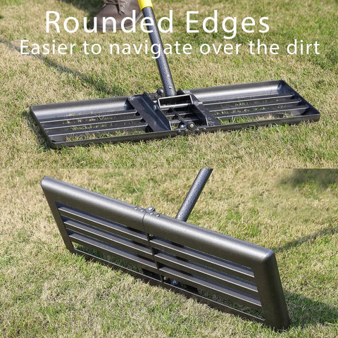 Heavy Duty Lawn Leveling Rake For Gardens And Yards, Level Dirt And Soil Like A Pro With A 65 Inch Steel Handle, 26 By 10 Ground Plate, Rust Resistant Stainless Steel Build For Easy, Even Ground Prep And Smoother Surfaces, shown with rounded edges on grass
