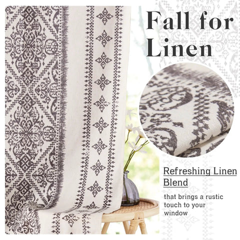 Close-up of patterned linen fabric with floral vase in background, showcasing refreshing linen blend for home décor.