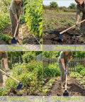 Four images of Grub Hoe Head 1.6 Lb Heavy Duty Garden Tool With Four And A Half Inch Blade Width And One And Three Quarter Inch Hole For Tough Soil Landscaping Or Yard Work Steel Construction No Handle Included used for weeding, soil cultivation, general gardening, and trench making.