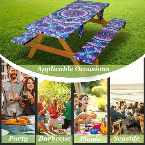 Fitted Picnic Table Cover Set With Bench Covers Vinyl Waterproof Elastic Edges 3 Piece Set Fits Standard 6 Ft Tables 72x30 And Benches 72x12
