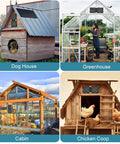 30W Solar Panel Vent Fan Kit installed on dog house, greenhouse, cabin, and chicken coop, showing versatile off-grid use.