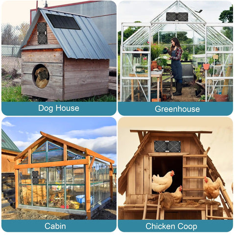 30W Solar Panel Vent Fan Kit installed on dog house, greenhouse, cabin, and chicken coop, showing versatile off-grid use.