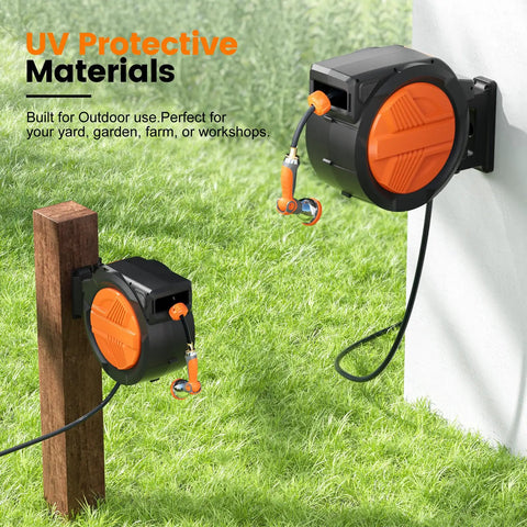 Retractable Garden Hose Reel With Auto Rewind For Outdoor Use, Wall Mounted Heavy Duty Hose Organizer displayed outdoors