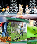 Collage showing Outdoor Extension Cord 150 Ft With 1 To 3 Splitter, powering Christmas lights, blower, lawnmower, and garden