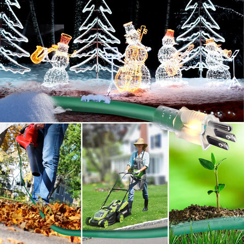 Collage showing Outdoor Extension Cord 150 Ft With 1 To 3 Splitter, powering Christmas lights, blower, lawnmower, and garden