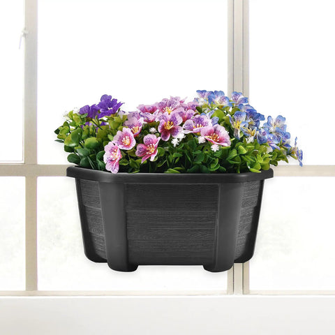 Top Tier Self Watering Wall Planters For Indoor Balcony And Railing Gardens, Dark Coffee Hanging Flower Pots filled with colorful flowers.