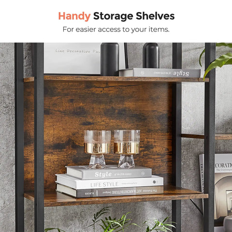 Five Tier Free Standing Bookshelf Built Tough With A Heavy Duty Steel Frame And Wide Wooden Shelves For Smart Storage And Laid Back Home Vibes That Is A Total Game Changer For Any Living Space