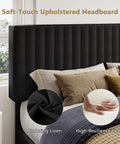 Heavy Duty Queen Bed Frame With Padded Linen Headboard, Solid As Rock Wood And Steel Slat Base, No Box Spring Required, Absolute Zero Noise, Quick One Person Setup, Matte Black For Chill Bedroom Vibes - Close-up of soft-touch upholstered headboard in black linen.