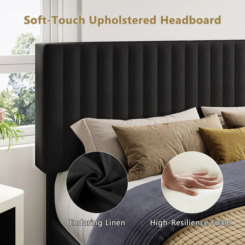 Heavy Duty Queen Bed Frame With Padded Linen Headboard, Solid As Rock Wood And Steel Slat Base, No Box Spring Required, Absolute Zero Noise, Quick One Person Setup, Matte Black For Chill Bedroom Vibes - Close-up of soft-touch upholstered headboard in black linen.