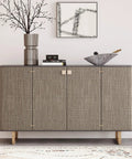 Taupe Metallic Grasscloth Peel And Stick Wallpaper Roll Featuring Faux Woven Texture With Subtle Shimmer on a stylish cabinet.