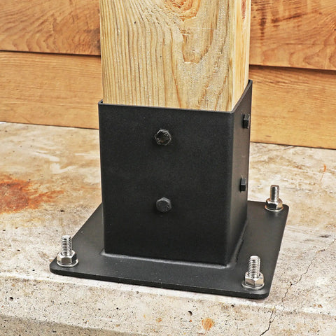 Beefy Two Pack 3.6 By 3.6 Inch Post Base Anchors In Stainless Steel With Black Finish securing wood post on concrete