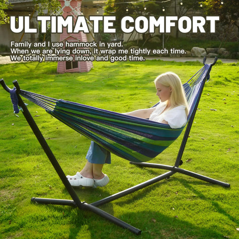 Heavy Duty Steel Stand Outdoor Hammock For Two People With 450 Lb Capacity Portable Beach Backyard Garden Patio 100 By 40 By 38 Inch Blue frame shown with person relaxing in garden