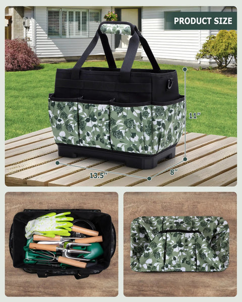 Heavy Duty Garden Tool Bag With Hard Bottom And Wide Opening, 20L Main Compartment, Water Resistant 600D Tote, Green Rose design.