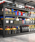 Heavy Duty 68.3 Inch Wide Garage Shelving Rack For Shop Storage, 72 Inch High, 23.4 Inch Deep Shelves To Fit Large Totes And Pallets, Space Saving Industrial Steel Shelves For Tools, Boxes, And Bins, loaded with tires and totes